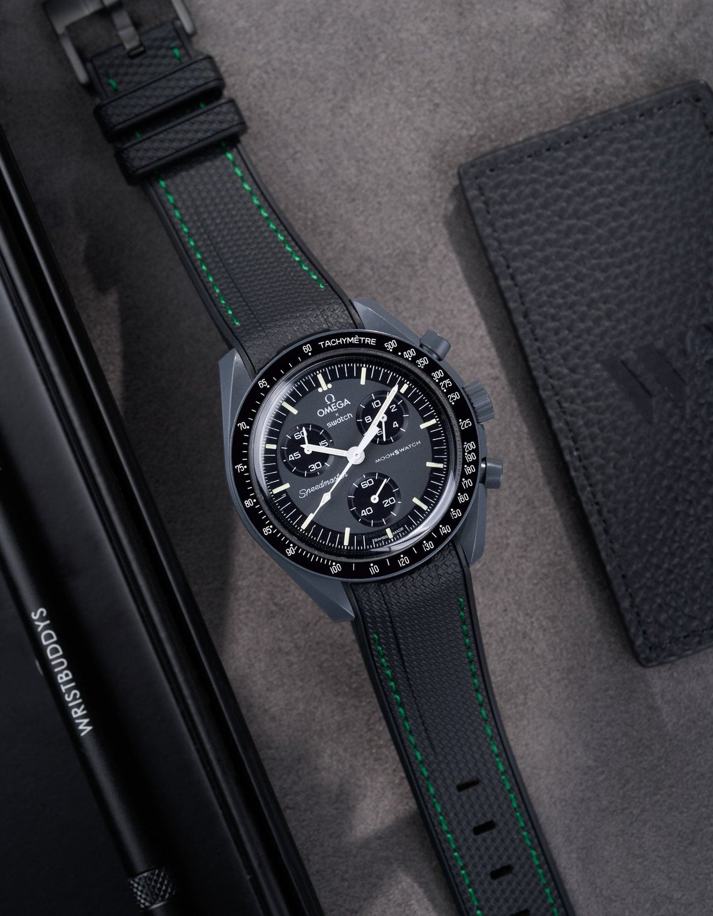 Curved Vertech Rubber Strap - Black & Green Stitches - OM Luxury