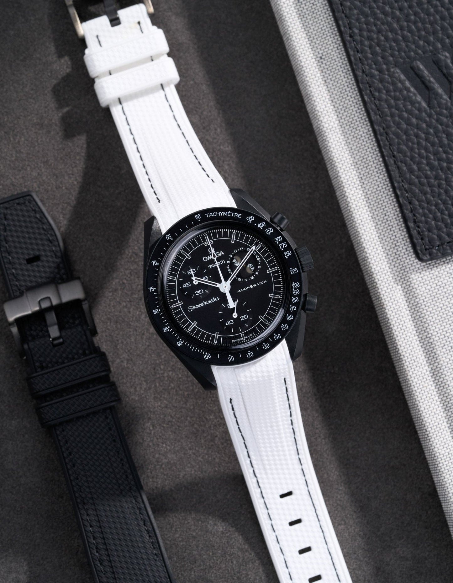 Curved Vertech Rubber Strap - White & Black Stitches - OM Luxury