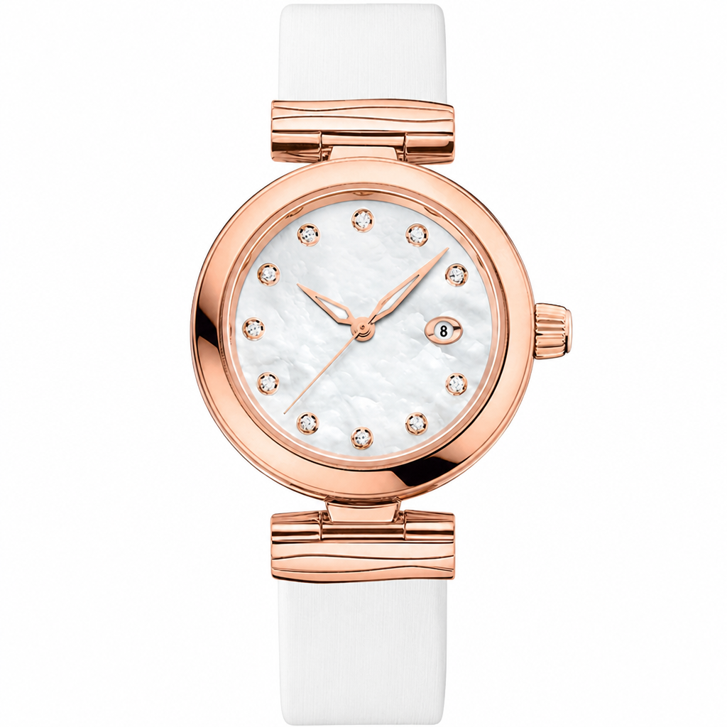 Refined dress watch with rose gold tone case and white strap on white background
