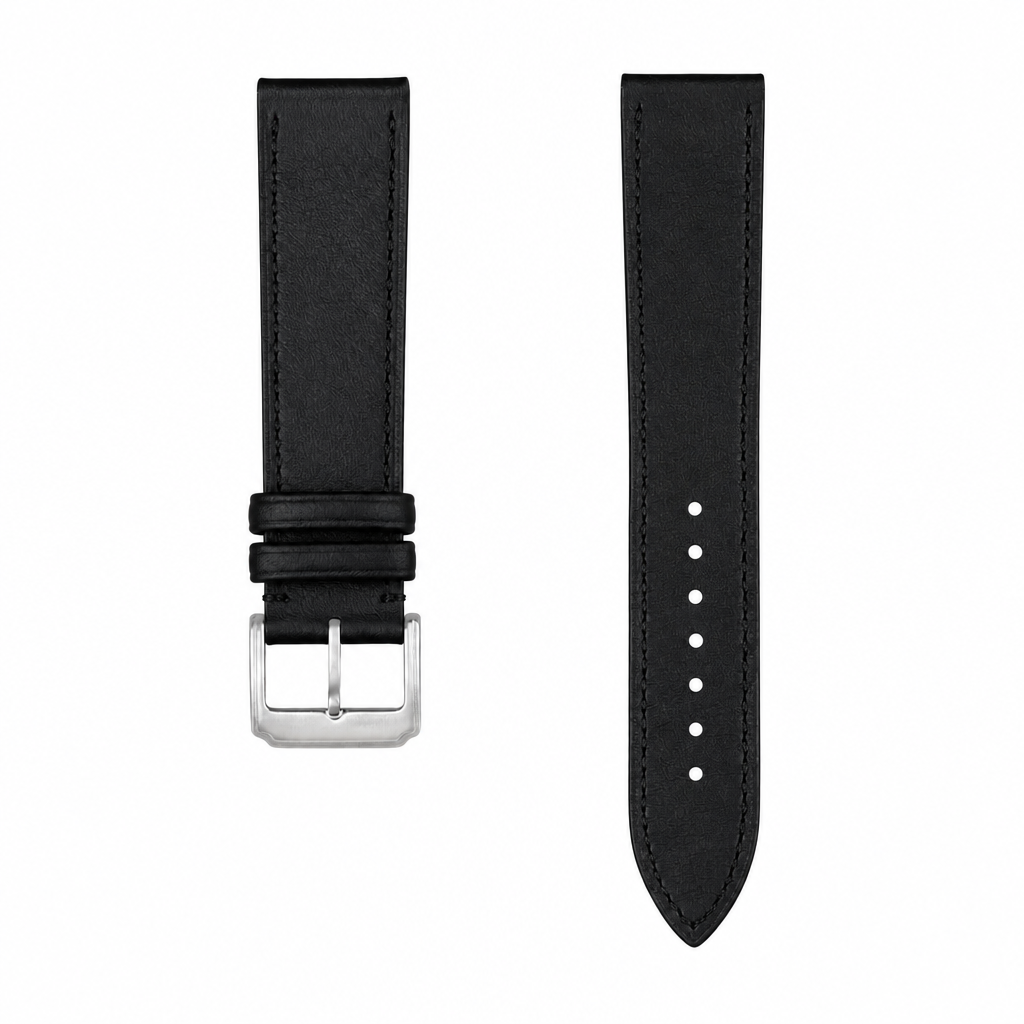 Black leather watch strap with silver buckle on white background