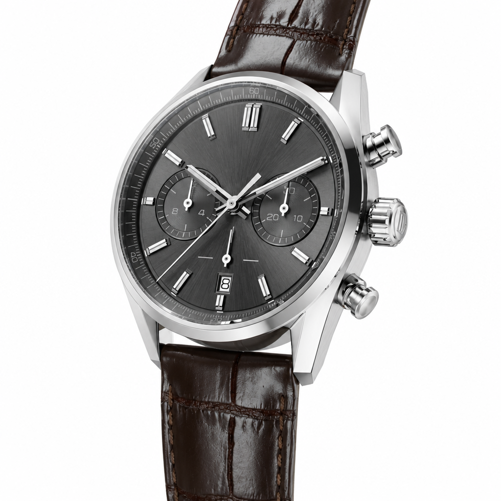 Chronograph watch with dark gray dial and brown leather strap product photo