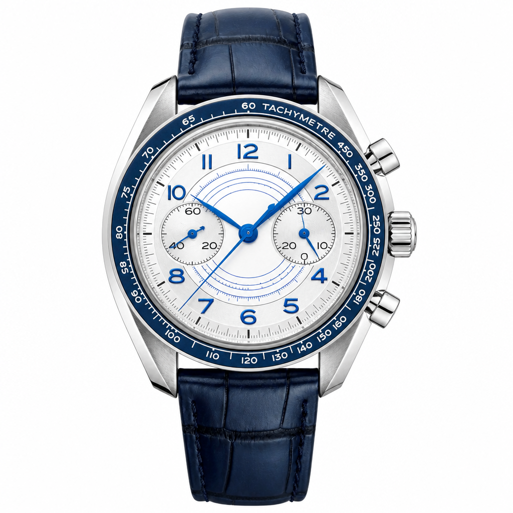 Chronograph watch with silver case, white and blue dial, and blue leather strap, front view