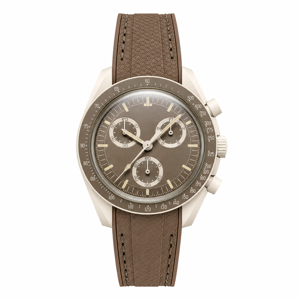 Brown rubber strap chronograph watch with brown dial and off-white case