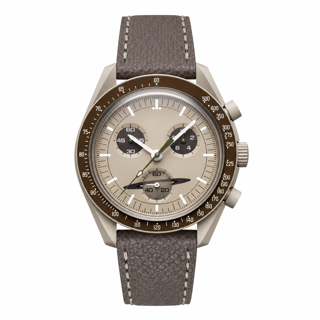Chronograph watch with beige dial and gray leather strap on white background