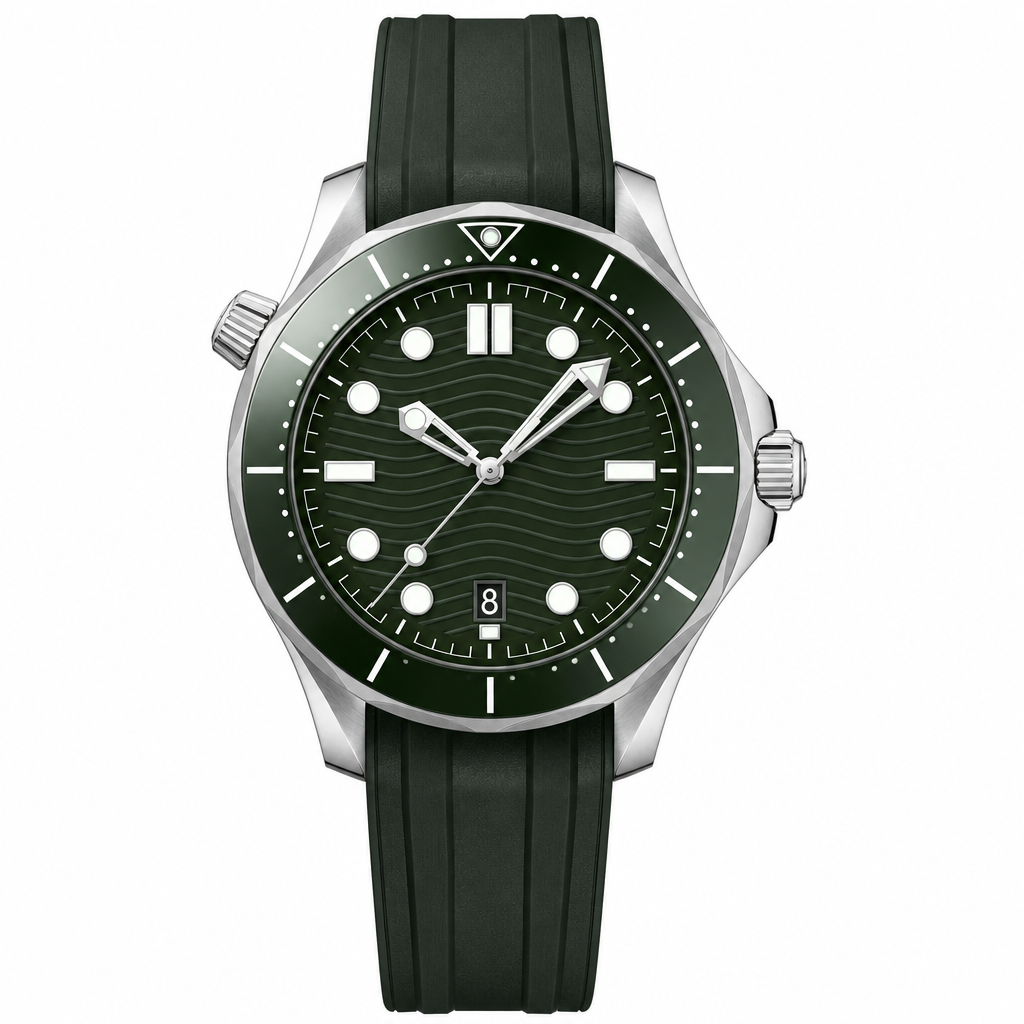 Diver style watch with dark green dial and rubber strap on white background
