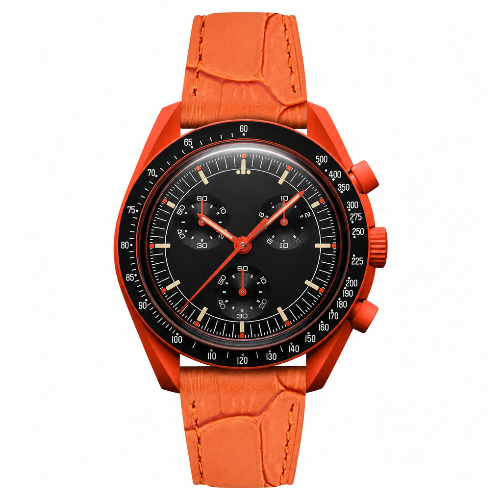 Casual chronograph watch with black dial, orange case, and orange leather strap