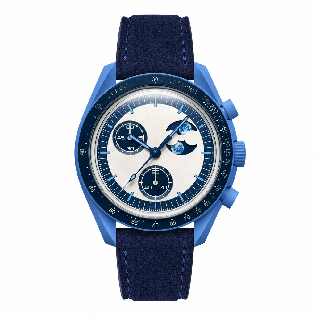Blue watch with suede strap and moonphase complication on cream dial