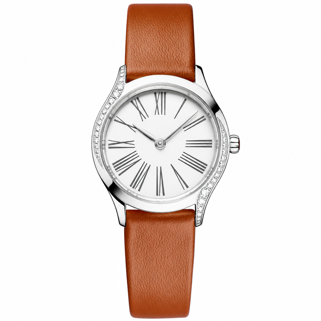 Classic dress watch with white dial and brown leather strap