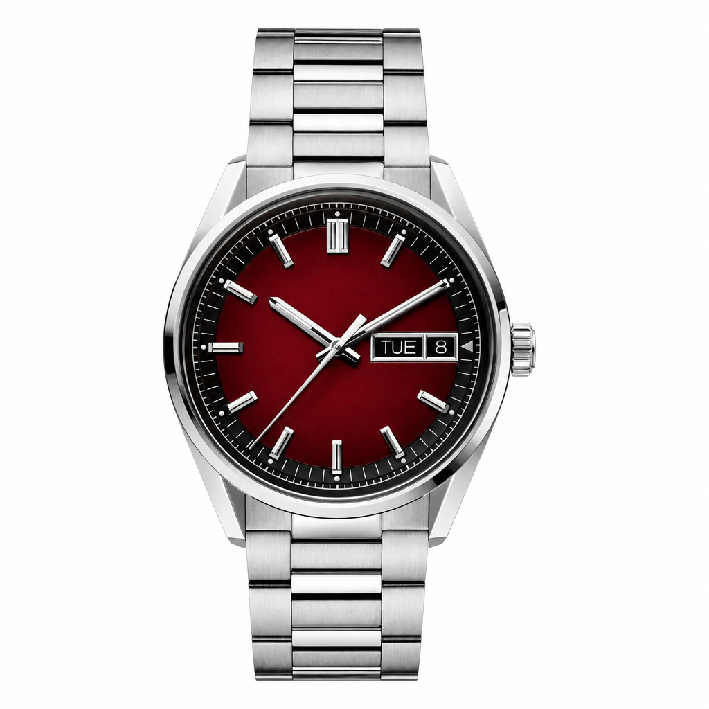 Stainless steel watch with red dial and metal bracelet on white background