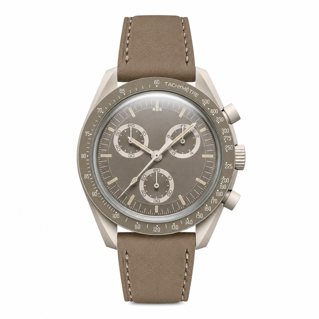 Taupe chronograph wristwatch with leather strap on white background
