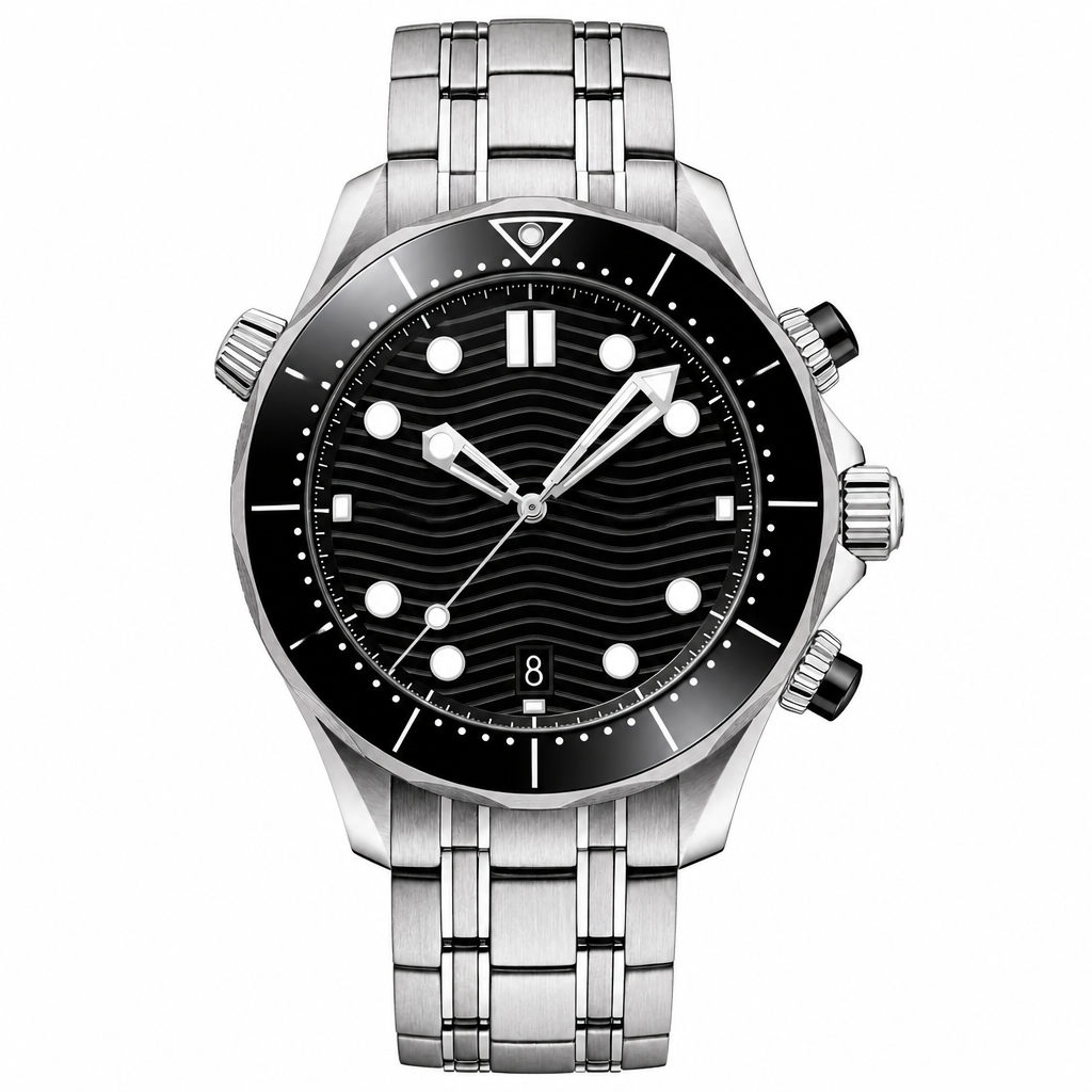 Diver style watch with black dial, black bezel, and silver metal bracelet