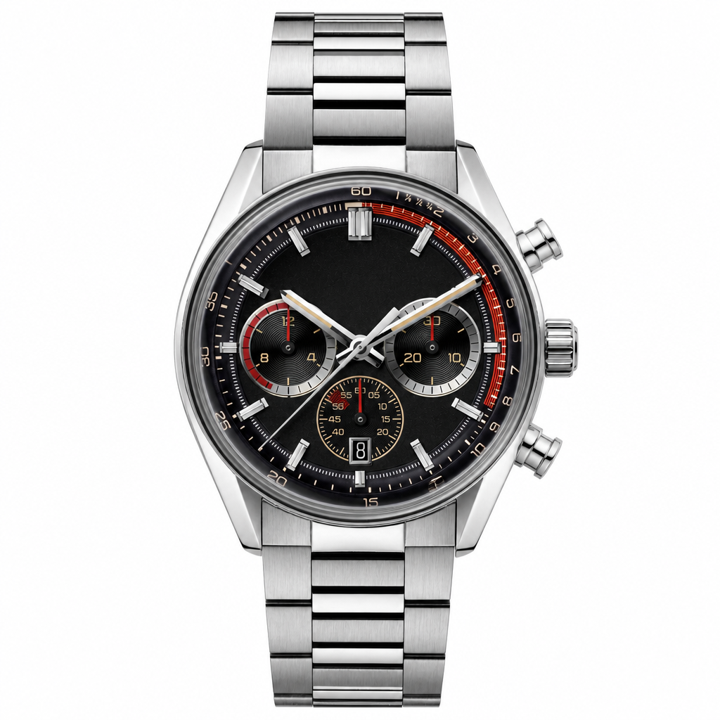 Chronograph watch with black dial and silver metal bracelet product photo