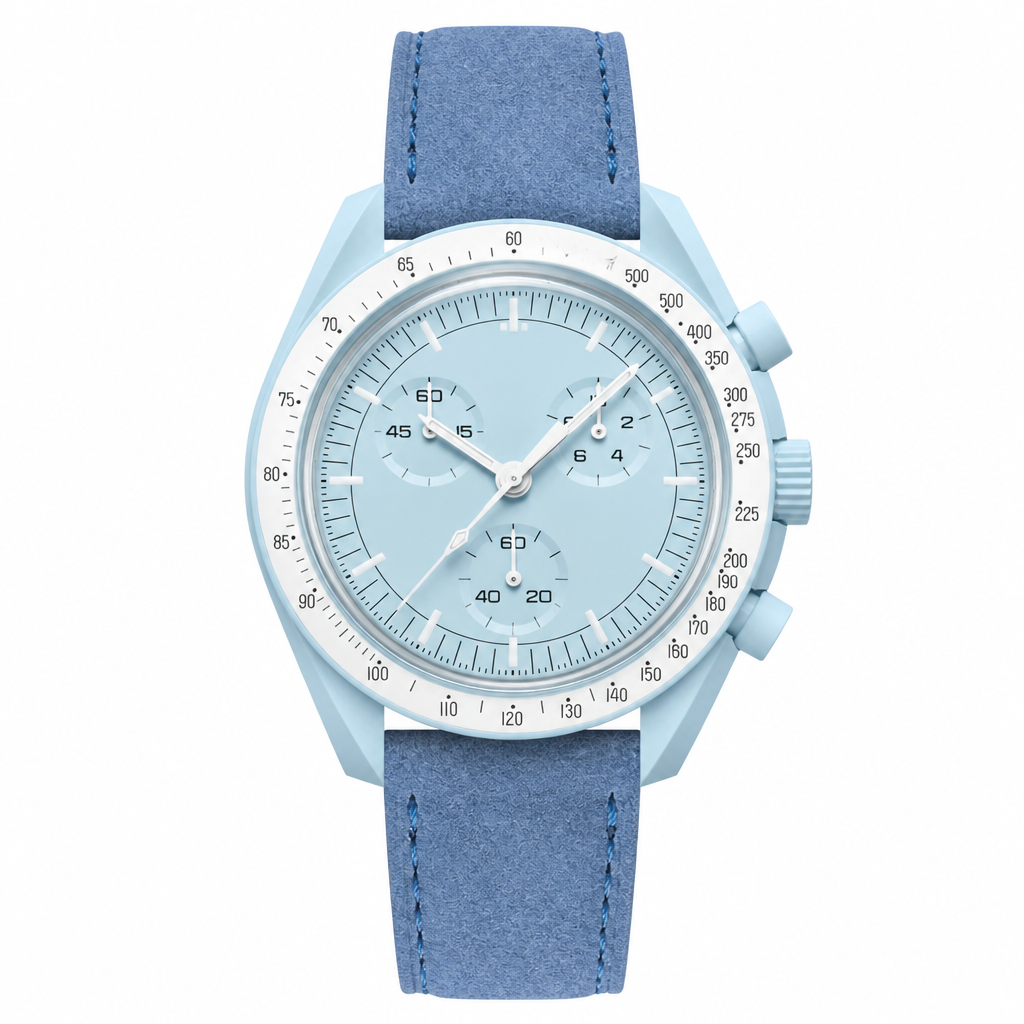 Light blue chronograph watch with blue suede strap on white background