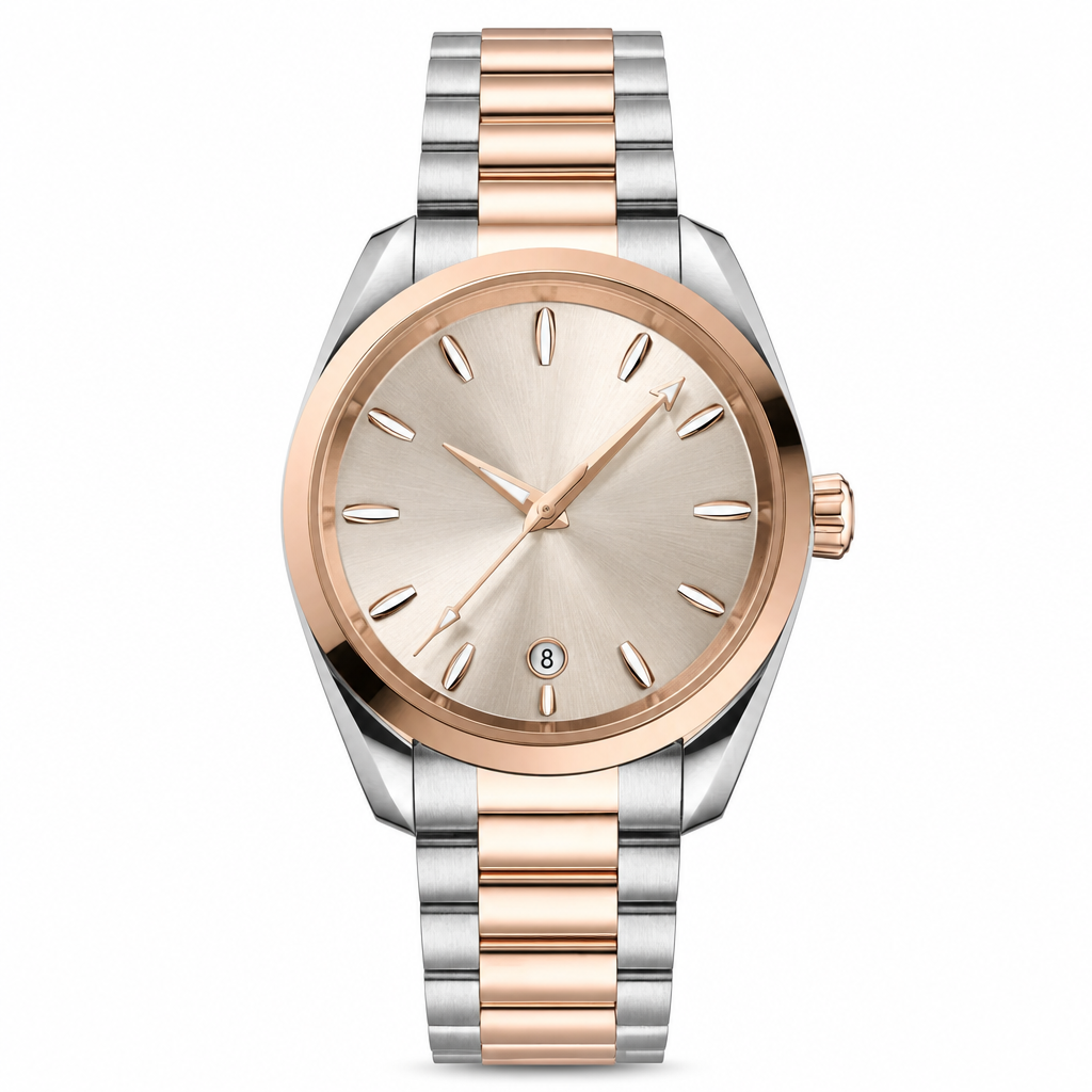 38mm two-tone metal watch with light metallic dial and date window