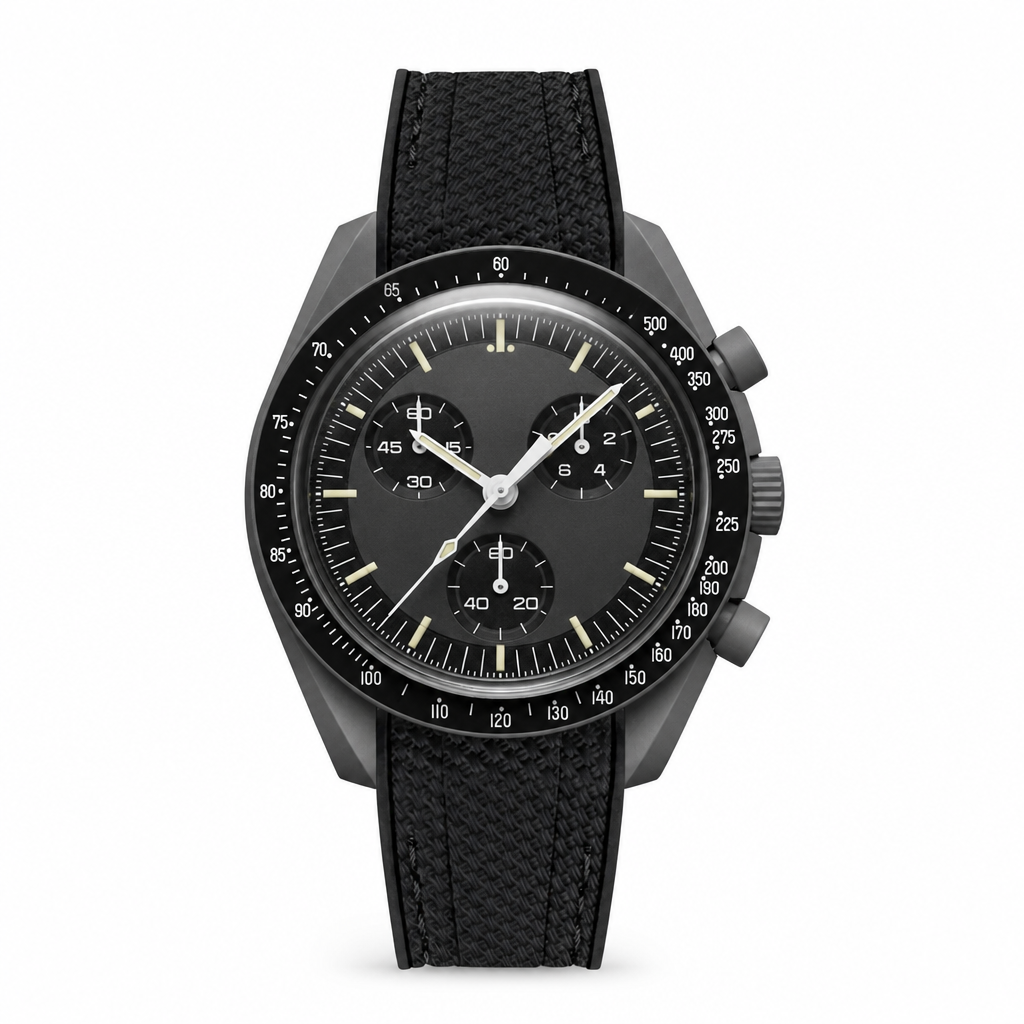 Chronograph watch with black dial, gray case, and black synthetic strap on white background