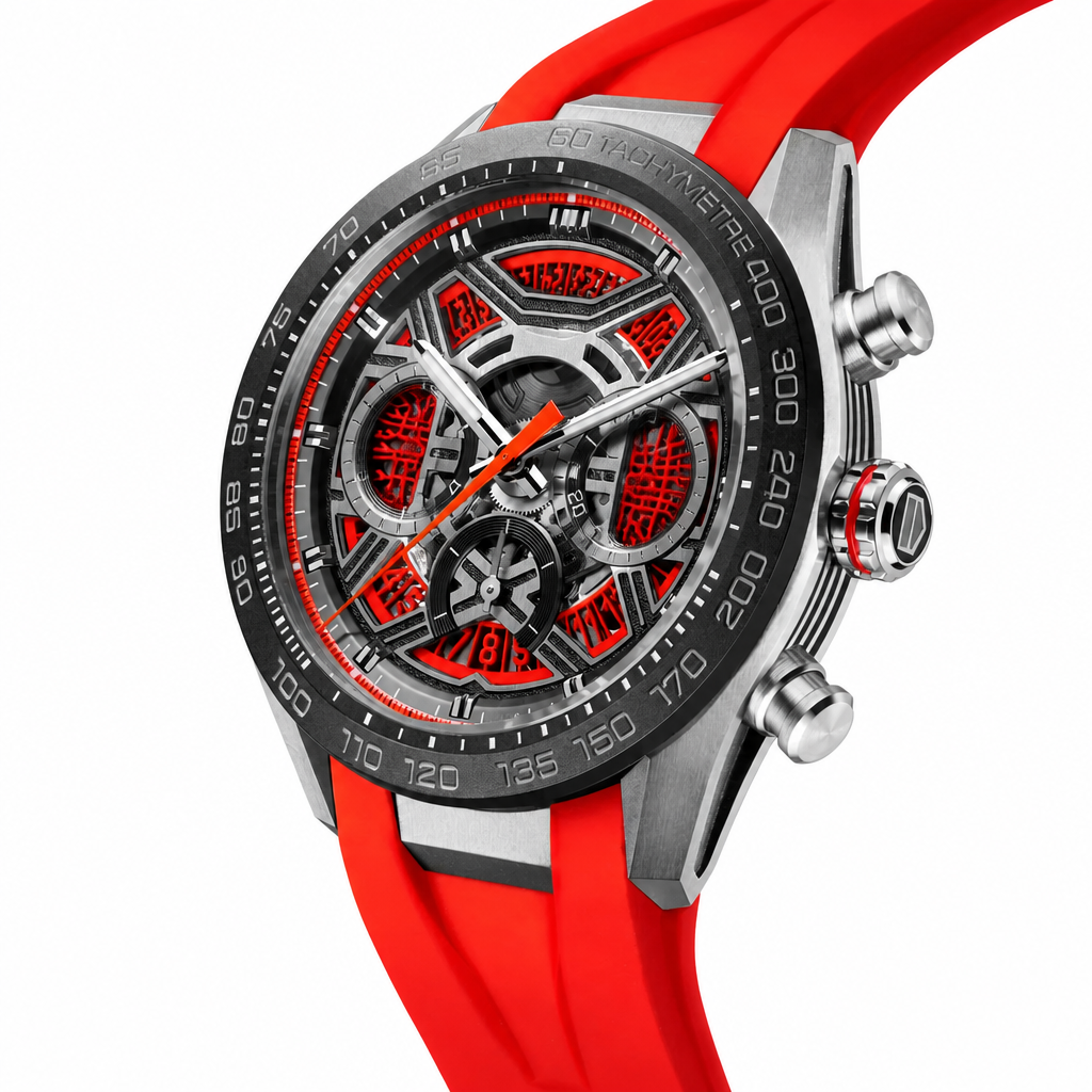 Sporty chronograph watch with silver case, black bezel, red skeleton dial, and red rubber strap on white background