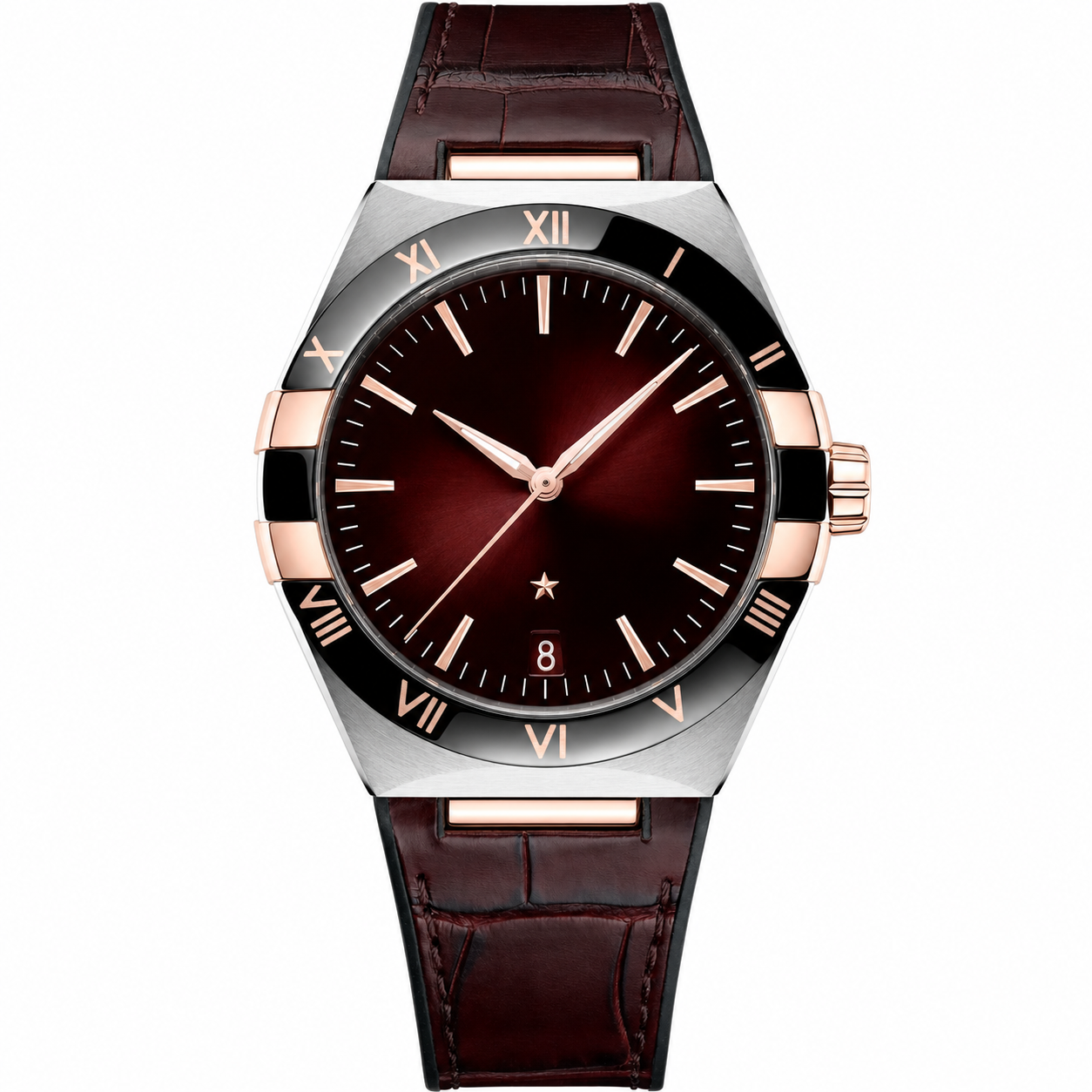 Men's dress watch with dark brown dial and leather strap on white background