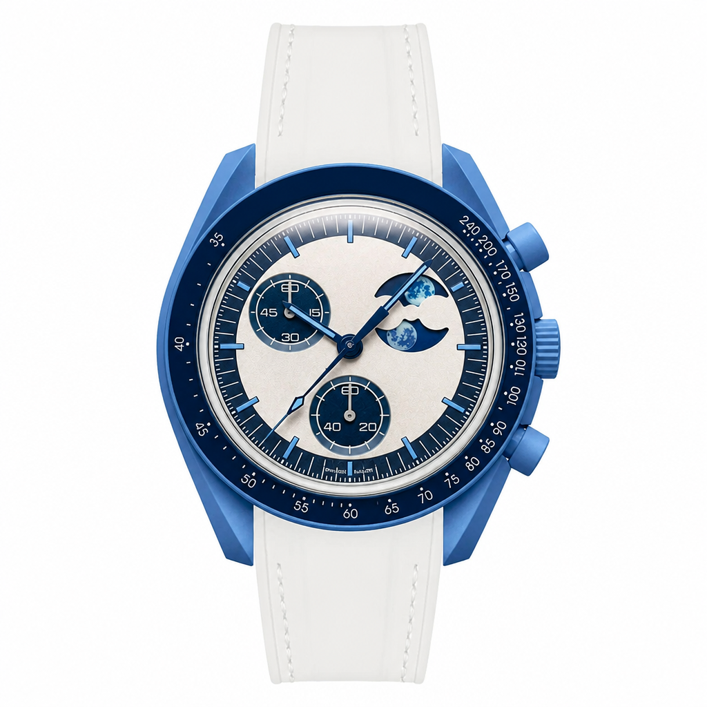 Casual blue case watch with cream dial and white rubber strap