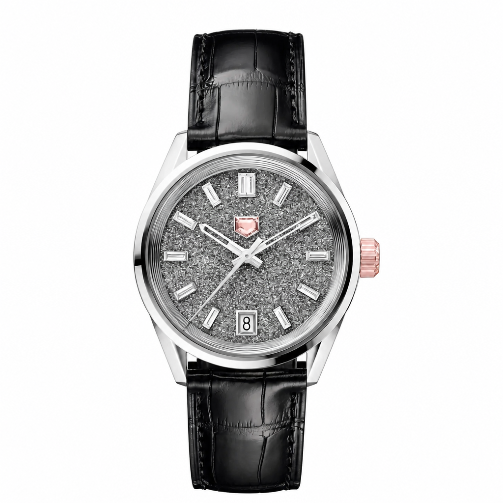 Classic watch with textured silver dial, rose gold crown, and black leather strap on white background