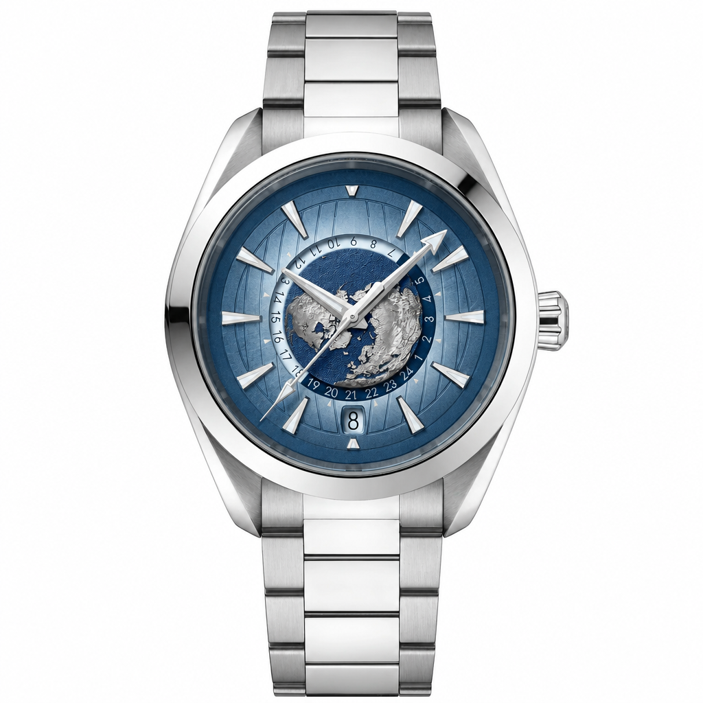 World timer watch with blue dial and silver metal bracelet on white background