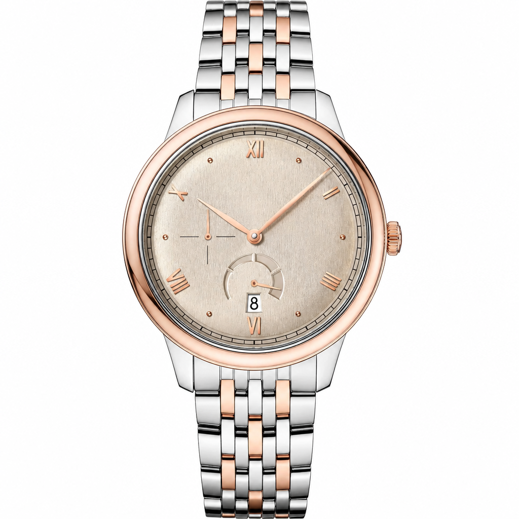Two-tone dress watch with light dial and metal bracelet in silver and rose gold tones, 41mm case