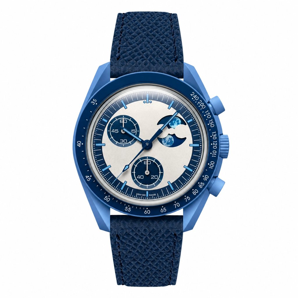 Blue chronograph watch with moonphase and blue leather strap on white background