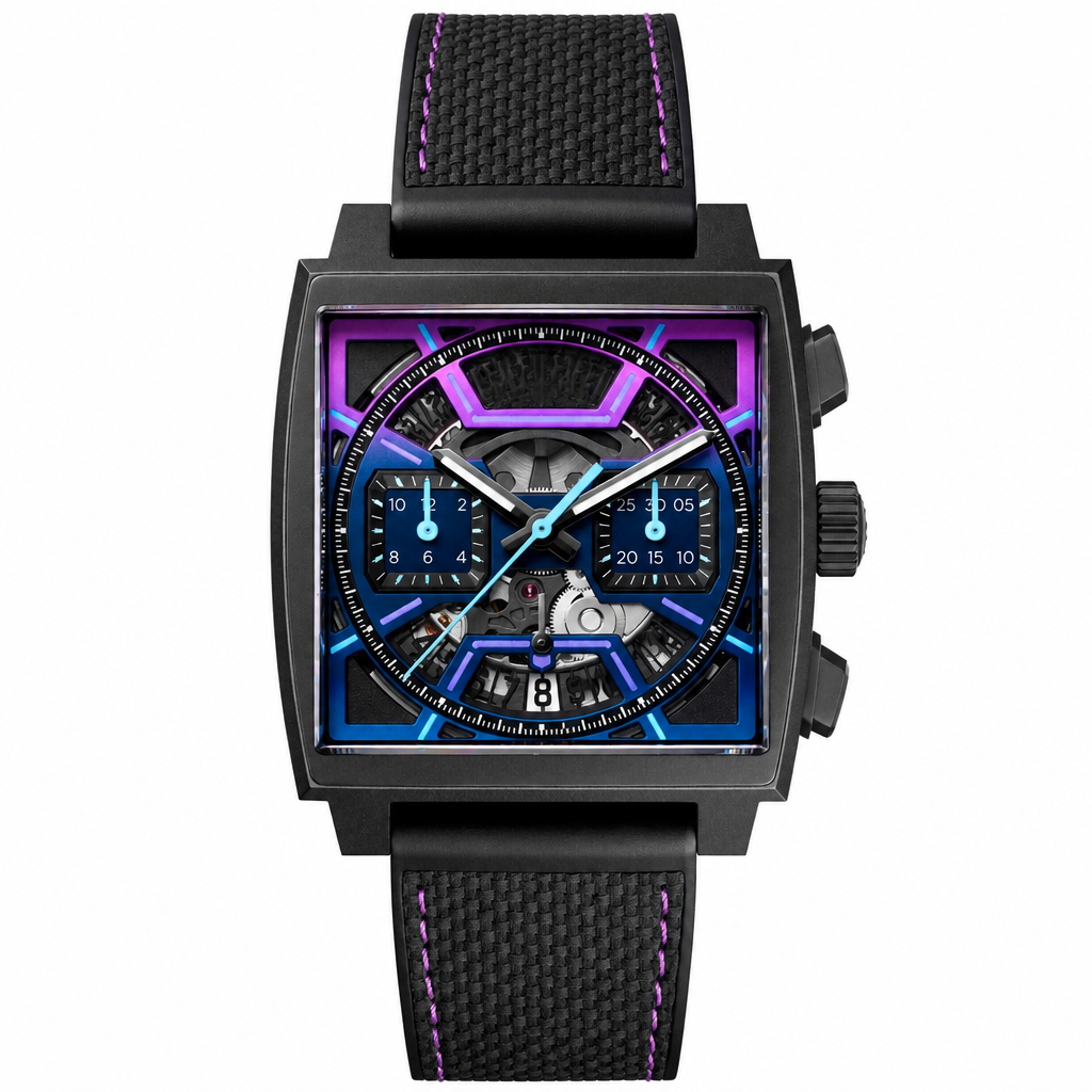 Modern sport square chronograph watch with black textile strap and blue-purple detailed dial