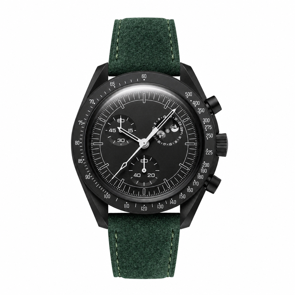 Chronograph watch with black dial and dark green suede strap on white background