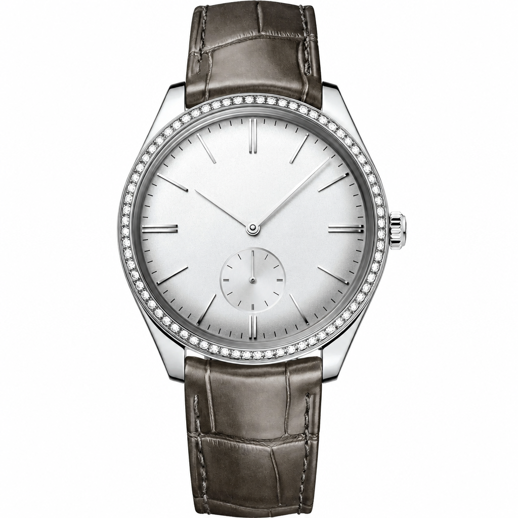 Dress watch with silver dial, diamond bezel, and brown leather strap