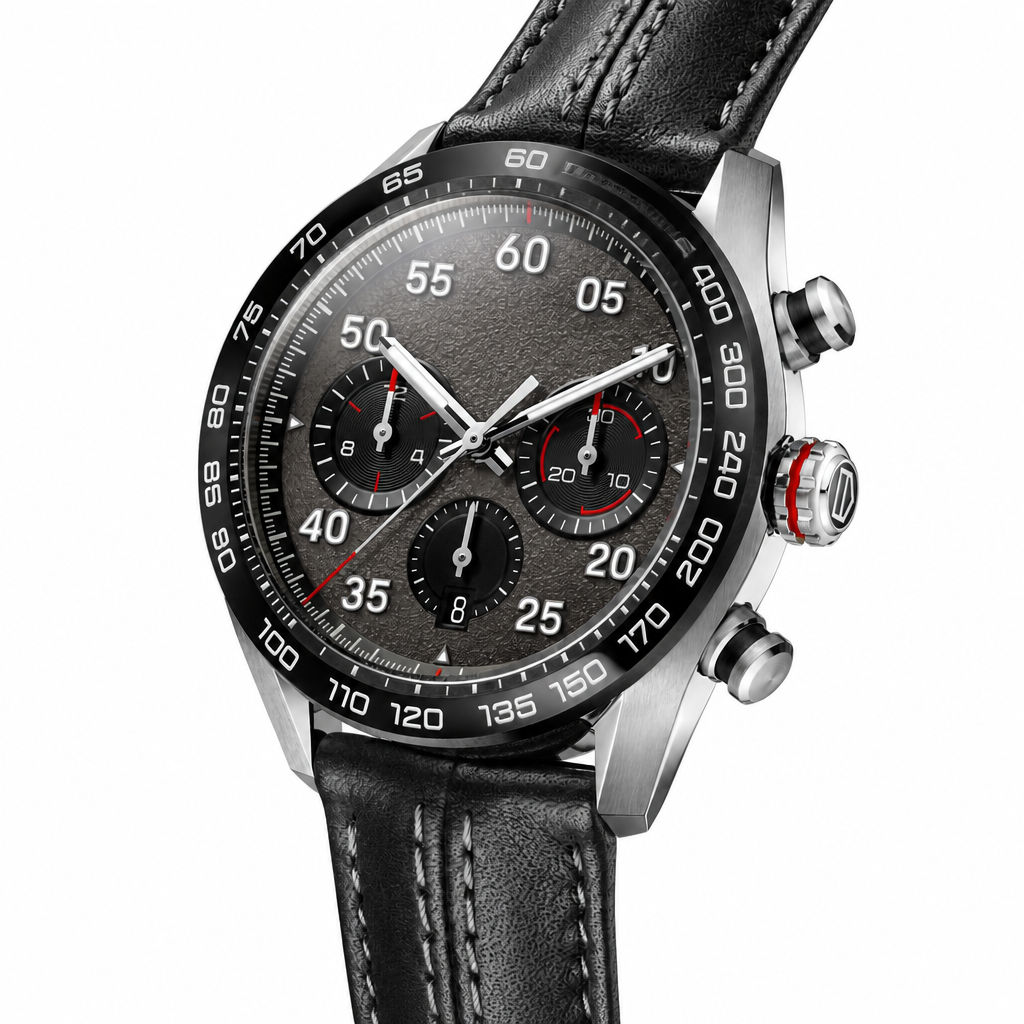 Chronograph watch with black dial, black leather strap, and silver stainless steel case on white background