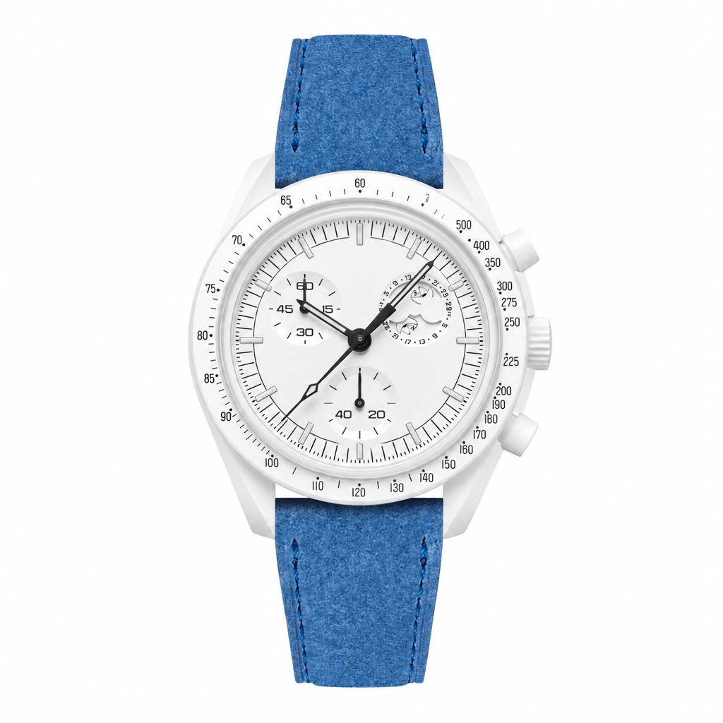 Sport chronograph watch with white dial, white case, and blue suede strap on white background