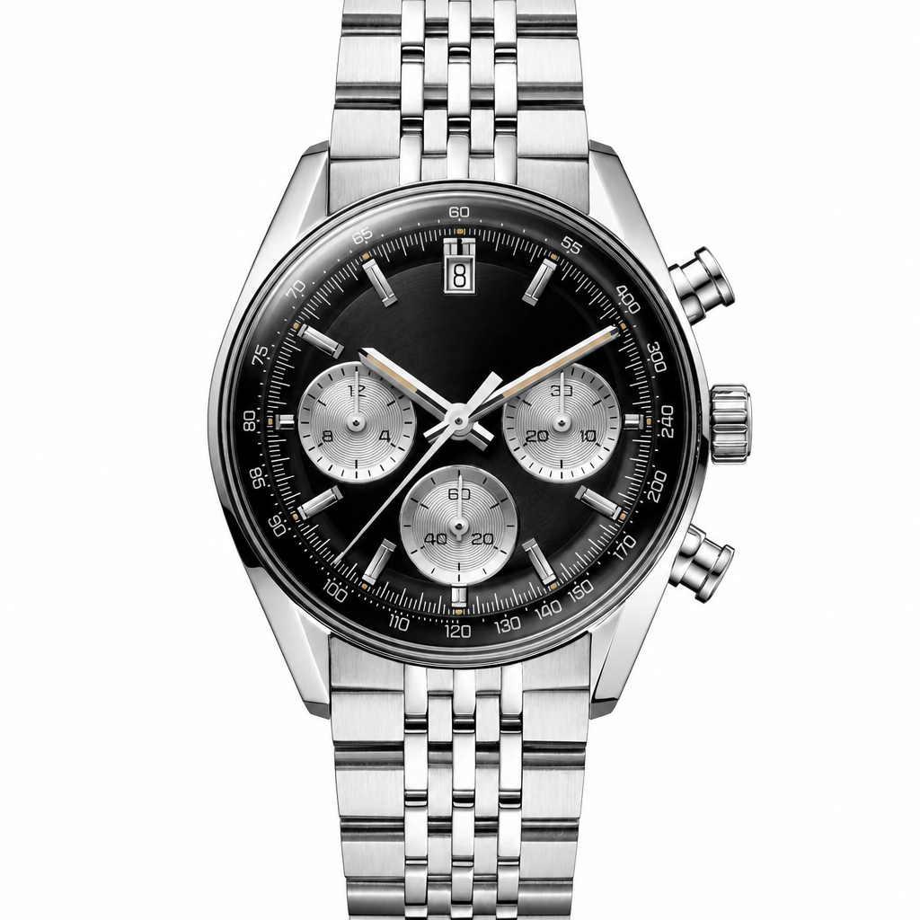 Chronograph watch with black dial and silver steel bracelet product photo