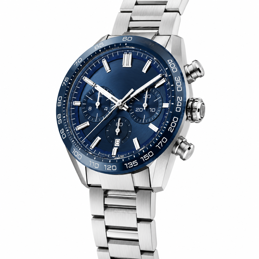 Sporty chronograph watch with blue dial and stainless steel bracelet