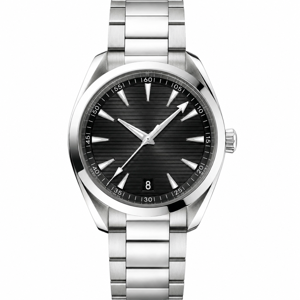 Dress watch with black dial and silver metal bracelet on white background