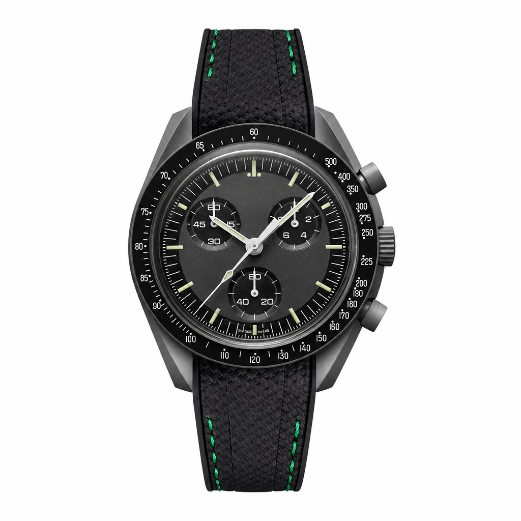 Chronograph watch with black dial and black rubber strap featuring green stitching