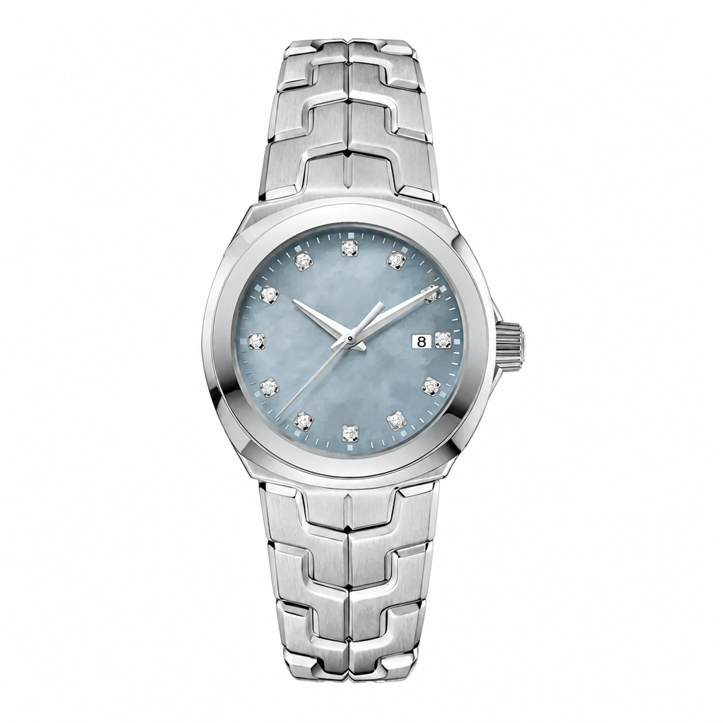 Women's silver tone dress watch with light blue dial and crystal markers