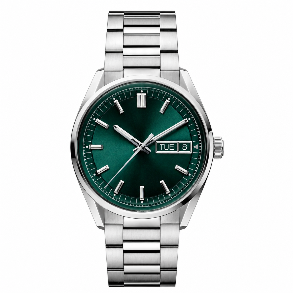 Watch with green dial and silver metal bracelet on white background product photo