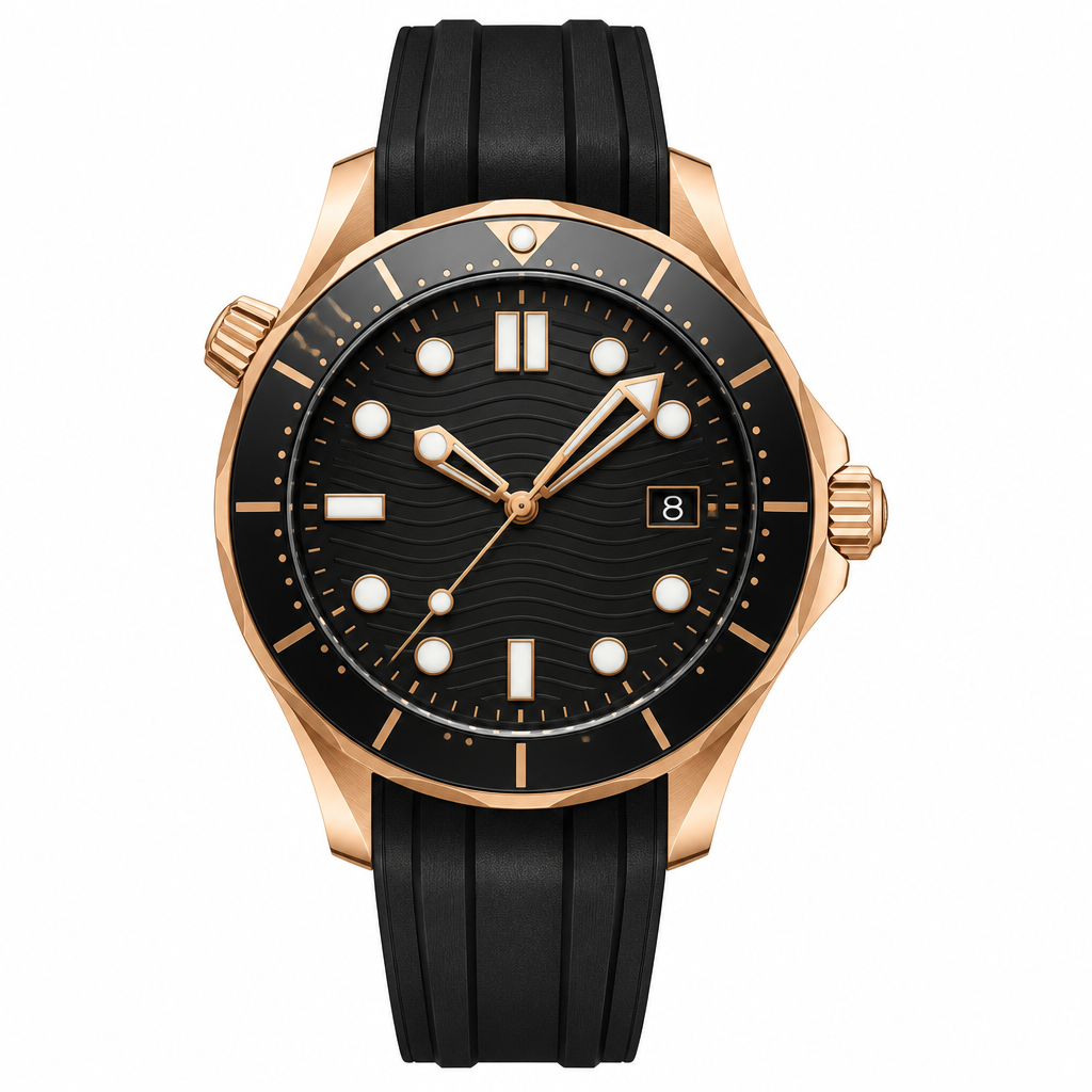 Sport dive watch with black dial and black rubber strap, 42mm case size