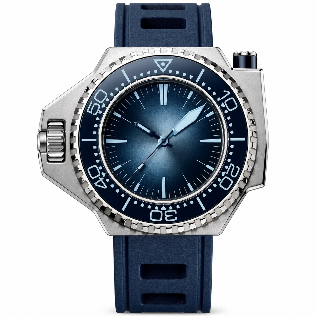 Sport dive watch with blue dial and blue rubber strap, 55mm stainless steel case