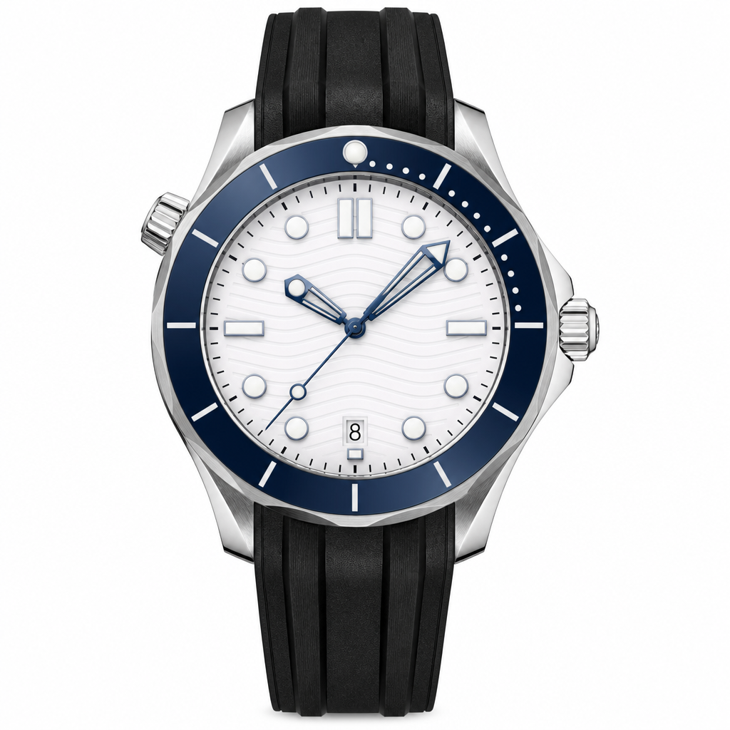 42mm diver style watch with white dial with blue accents, blue bezel, and black rubber strap