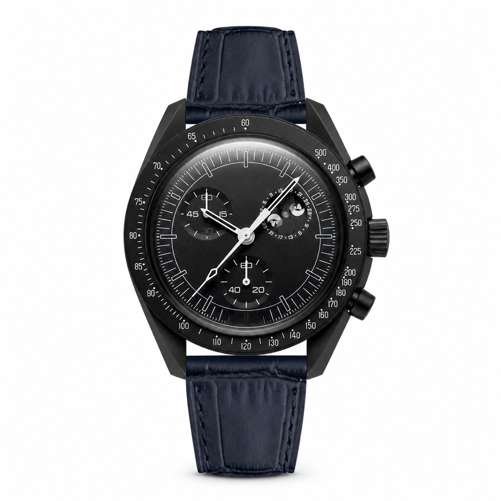 Dress watch with black dial and dark blue leather strap on white background