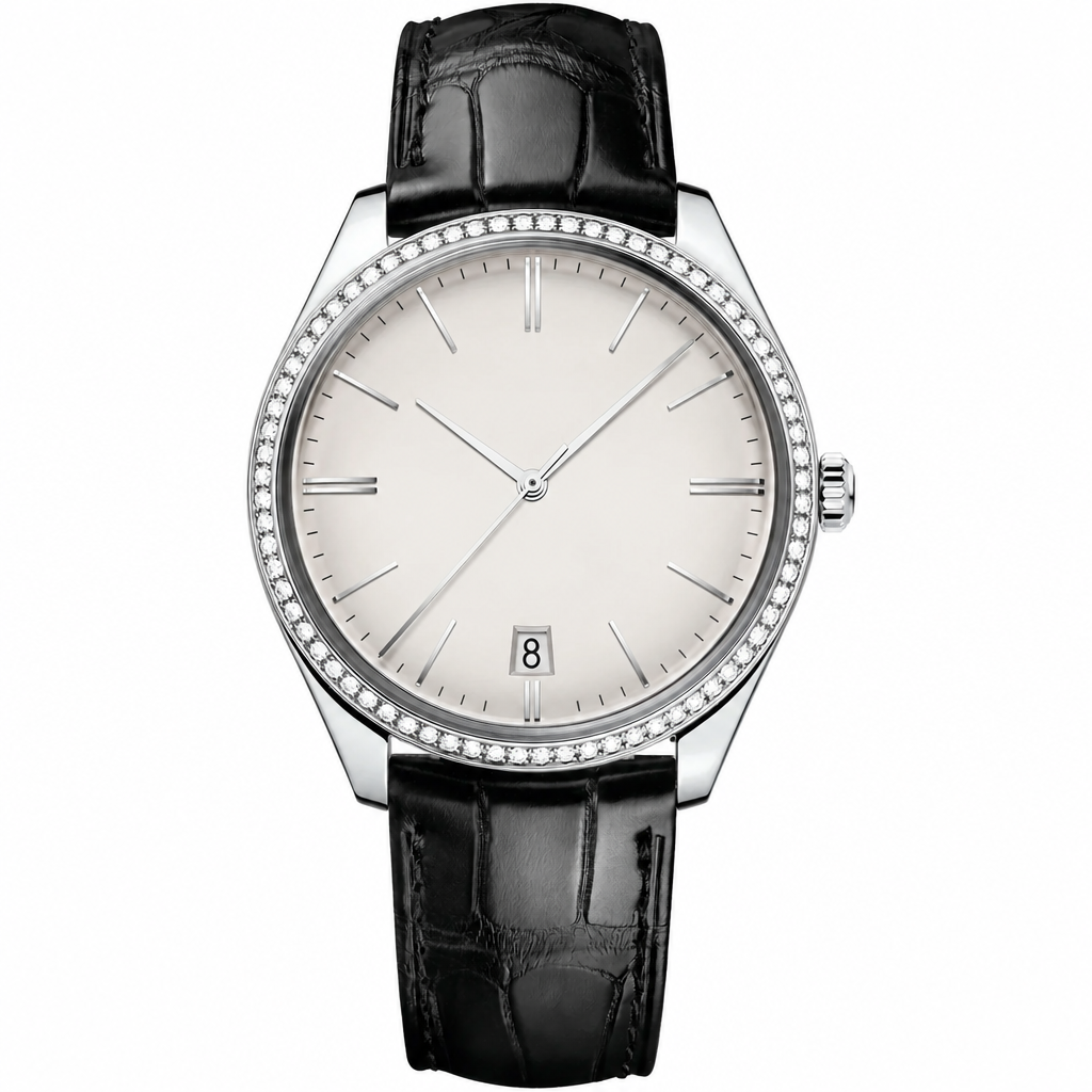 Dress watch with silver case, off-white dial, and black leather strap on white background