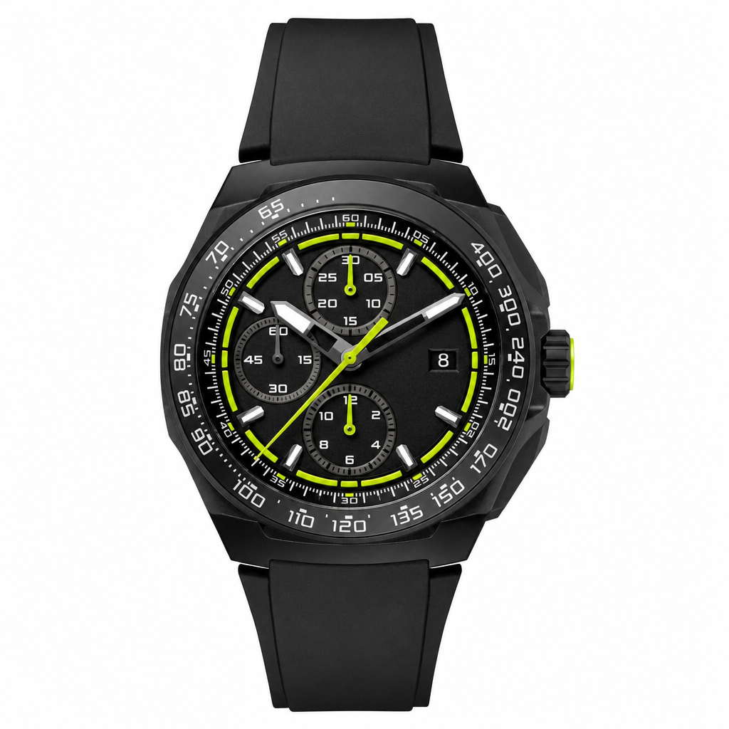 Sporty black chronograph wristwatch with rubber strap and yellow-green accents on dial