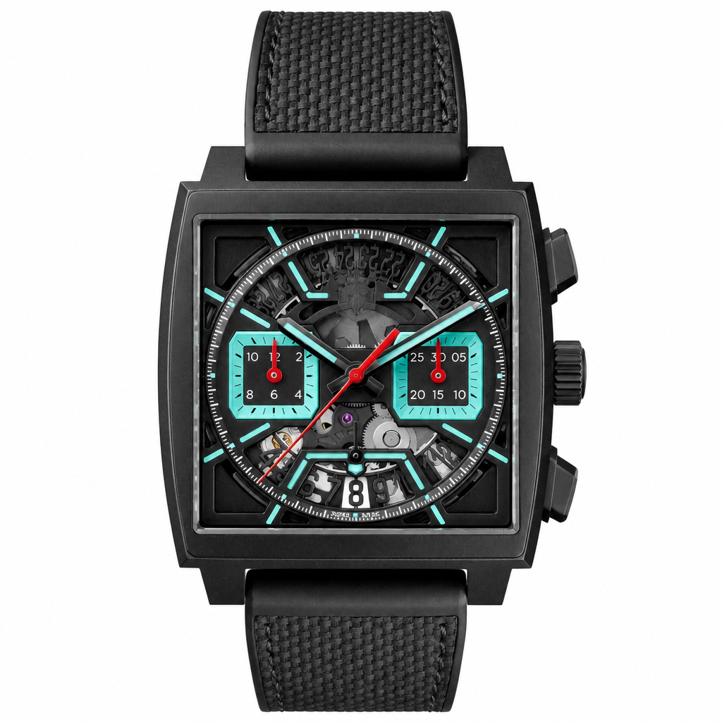 Square black sport chronograph wristwatch with turquoise accents and textured strap