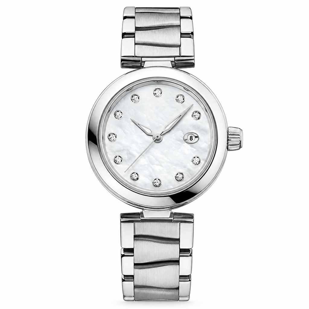 Women's silver metal dress watch with white dial and crystal hour markers