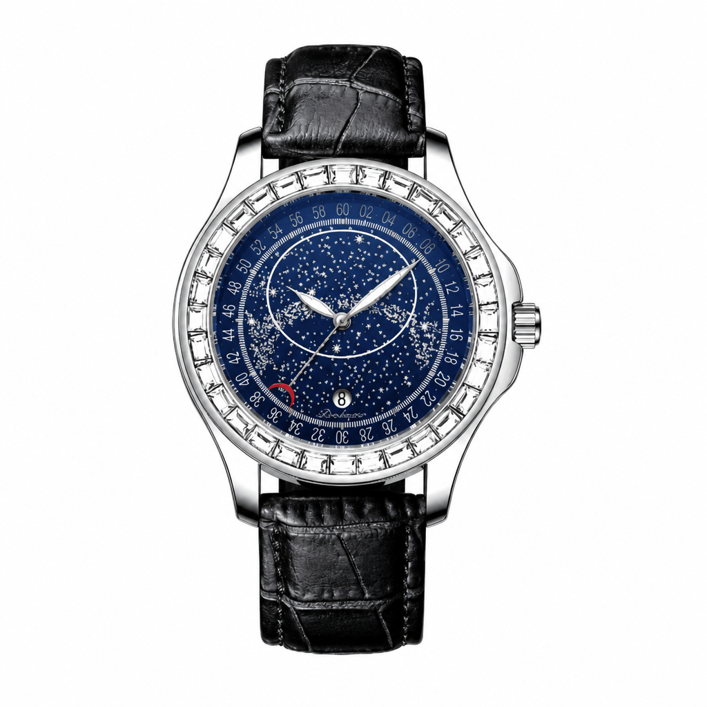 Casual watch with blue star pattern dial and black leather strap
