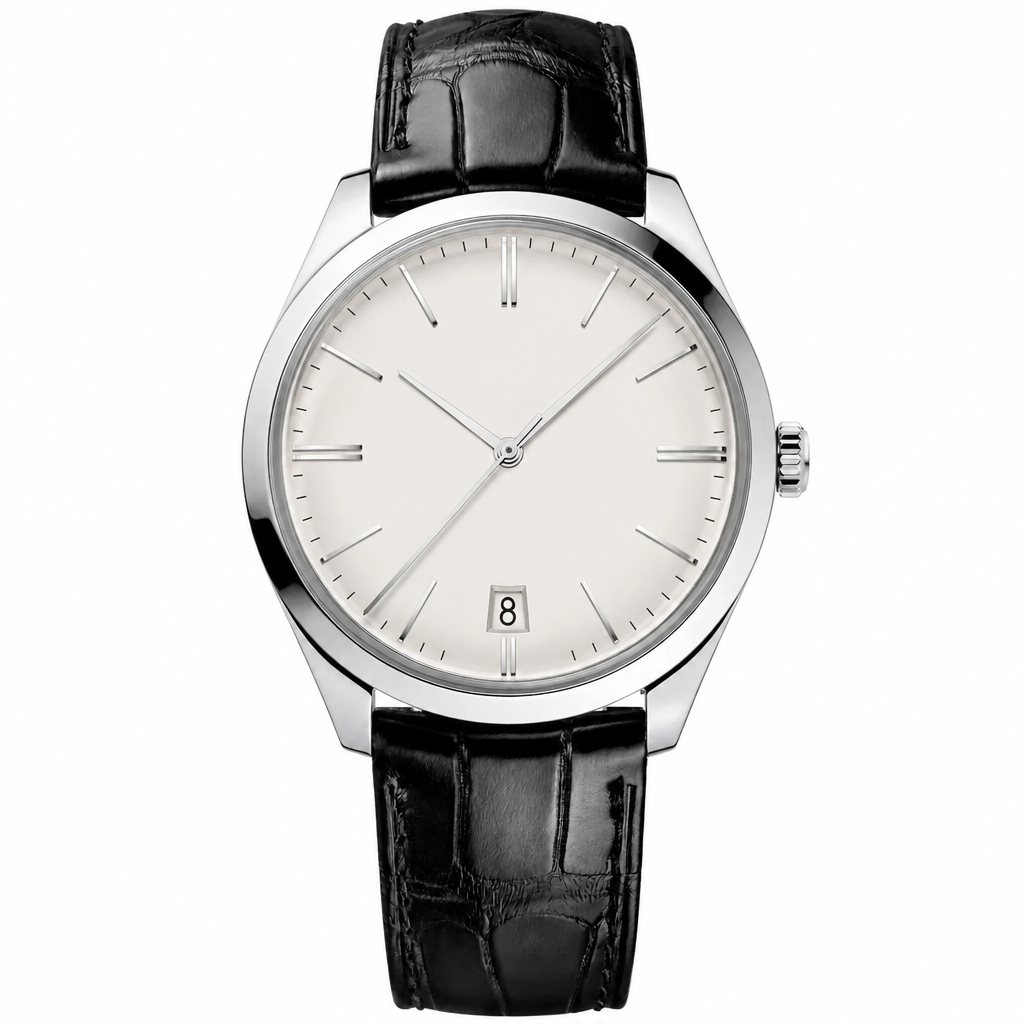 Dress watch with silver dial, polished metal case, and black leather strap