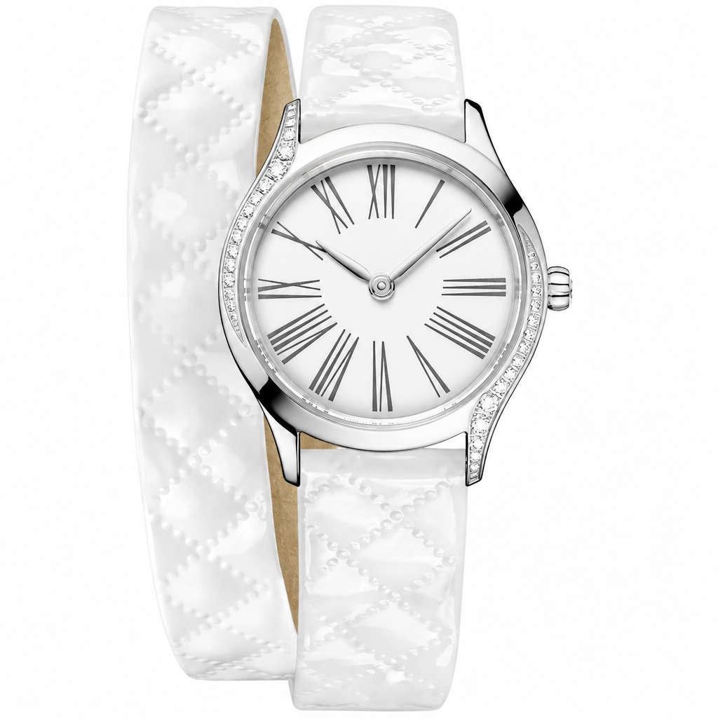 Elegant women's watch with silver-tone case, white Roman numeral dial, and white double-wrap strap