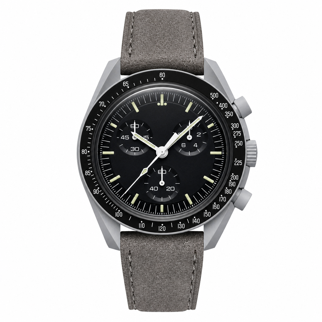 Chronograph watch with black dial and grey suede leather strap on white background