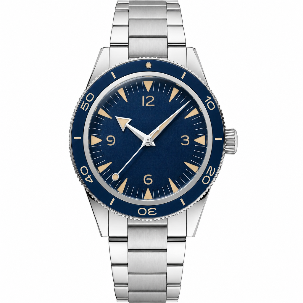 41mm stainless steel watch with blue dial and metal bracelet